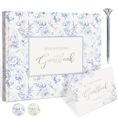 Blue Floral Wedding Guest Book Hardcover with Pen - 9x7 Inch 144 Pages Sign In Book for Wedding Reception Bridal Shower Engagement Party Space for Polaroid Photos & Messages