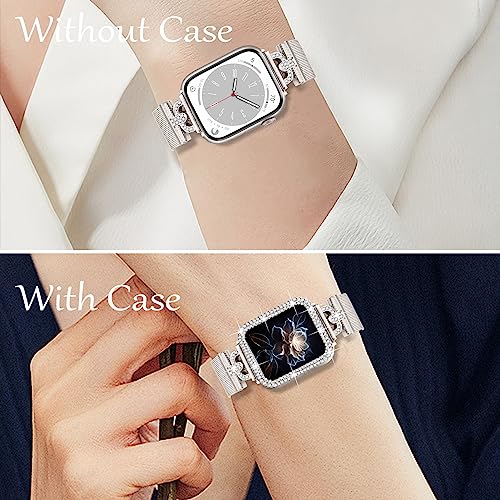 JOYOZY Magnetic Band Compatible with Apple Watch Band 38mm 40mm 41mm 42mm 44mm 45mm 46mm Milanese Strap with Bling Glitter Case Built-in Screen Protector Dressy Stainless Steel iWatch Loop for Women