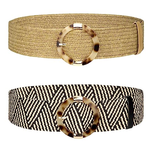 Elegrip Ceinture Élastique pour Femme - Taille en Paille Tissée Vintage Bohème Large Ceinture de Robe Tressée Noir Beige 2 Pièces
