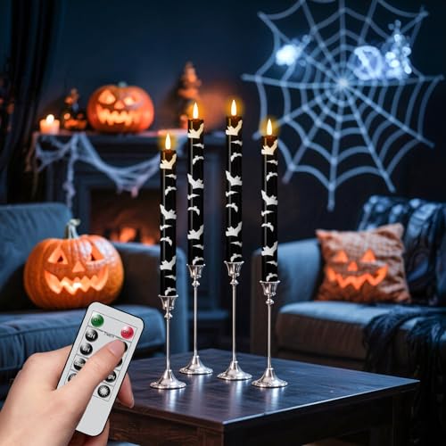 Image of Eldnacele Halloween Bats Flameless Taper Candles Battery Operated with Remote Timer, Set of 4 Black Real Wax 3D Wick LED Flickering Candles Spooky Halloween Indoor Decor(0.78 inch D x 9.64 inch H)