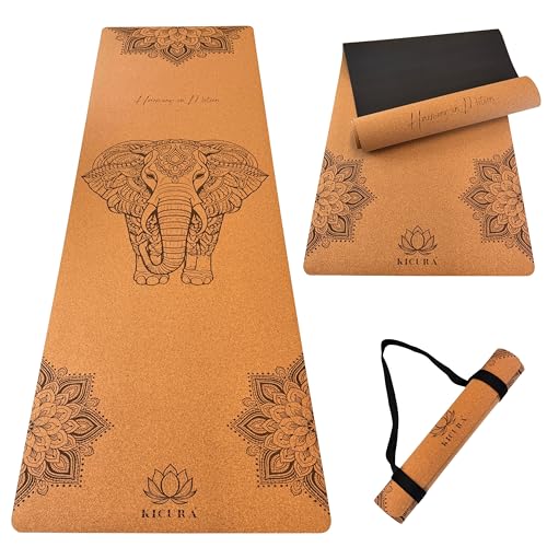 KICURA Yoga-Matte aus Kork & Naturkautschuk mit Elefanten-Mandala rutschfeste Premium-Matte 4 mm dick mit Tragegurt in 3 Größen (Größe - L - 200x61x0 4cm)