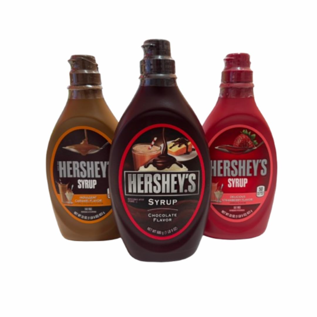Wondermarket Siropes Americanos. Pack Degustación Hershey. Chocolate, Caramel syrup. Strawberry syrup.
