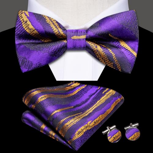 Image of Hi-Tie Bow Ties for Men Pre-Tied Pocket Square with Cufflinks Mens Bowtie Sets for Wedding Formal Party