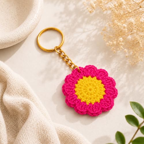 Image of Handmade Crochet Keychain for Women & Girls, Cute Yarn Key Ring, Bag Charm, Car Key Holder & Gift, Aesthetic Handmade Floral Accessory