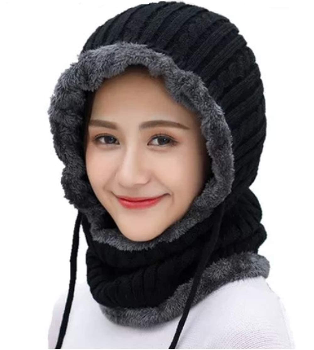 combined beanie warm cap and scarf soft snow and air proof fleece knitted cap (inside fur) woolen beanie winter cap with scarf for girl women- black color