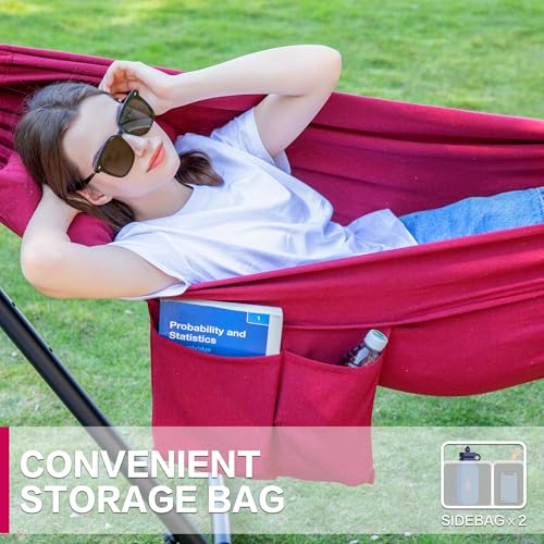 Image of PNAEUT Double Hammocks with Stand for Outside, Portable Space Saving Heavy-Duty Steel Stand for Indoor Outdoor Patio with Carrying Bag, 450 lbs Capacity (Cherry)