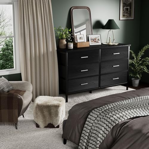 BOLUO Large Black Dresser for Bedroom 6 Drawer, Wide Fabric Dressers & Chests of Drawers Modern