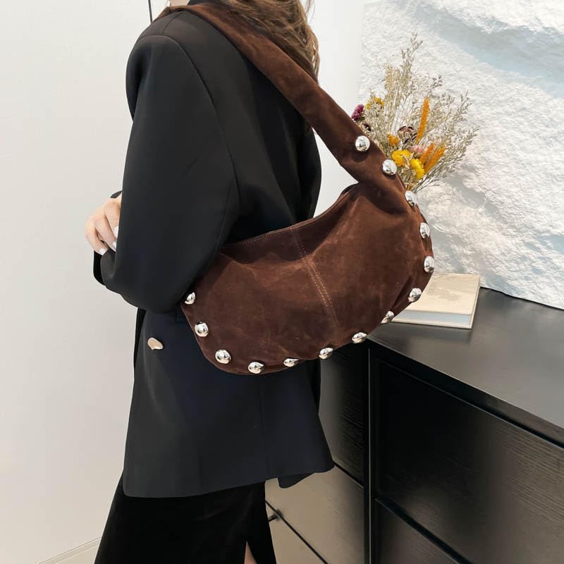Women Suede Hobo Bag Studded Shoulder Bag Solid Color Slouchy Bag Trendy Handbag for Work Travel Shopping3