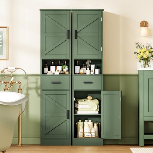 Image of TEENFON 67 inch H Tall Bathroom Storage Cabinet with Barn Doors and Drawer, Narrow Bathroom Cabinet, Narrow Storage Unit, Adjustable Shelves, Floor Cabinets for Living Room, Forest Green