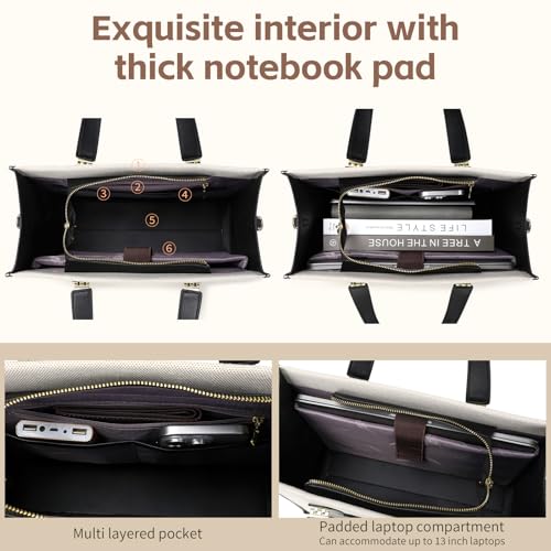 Canvas Tote Bag for Women Work, Pu Leather Laptop Handbag for Daily Use with Luggage Strap Small Wallet Black3