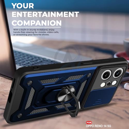 Image of AESTMO Tough Armor Oppo Reno 14 5G Bumper Back Case Cover | Ring Holder & Sliding Camera Shield Cover | 360 Degree Protection Back Case Cover for Oppo Reno 14 5G (Blue)