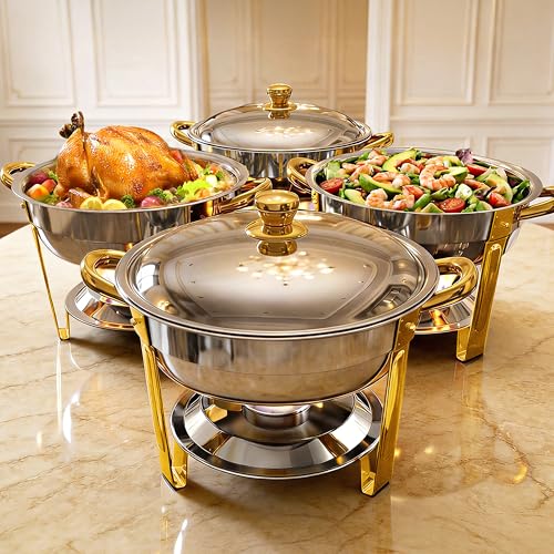 Chafing Dishes for Buffet 4 Pack, 6QT Round Chafing Dish Buffet Set Stainless Steel Buffet Food Warmers Sets for Catering Events Parties Dinners with Complete Set,Gold and Silver (4, Gold)