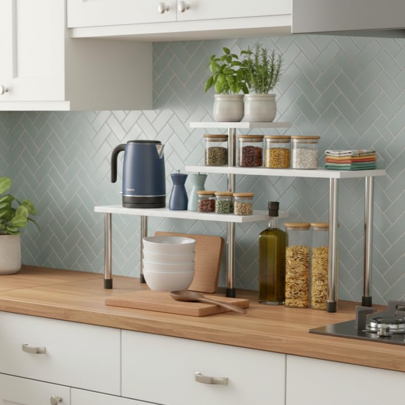 Image of U-Max 3-Tier Multipurpose Corner Kitchen Rack, 3 tier kitchen shelf, Space Saving Countertop Shelf Organizer for Spice Jars, Containers, Cups & Cooking Essentials (White)