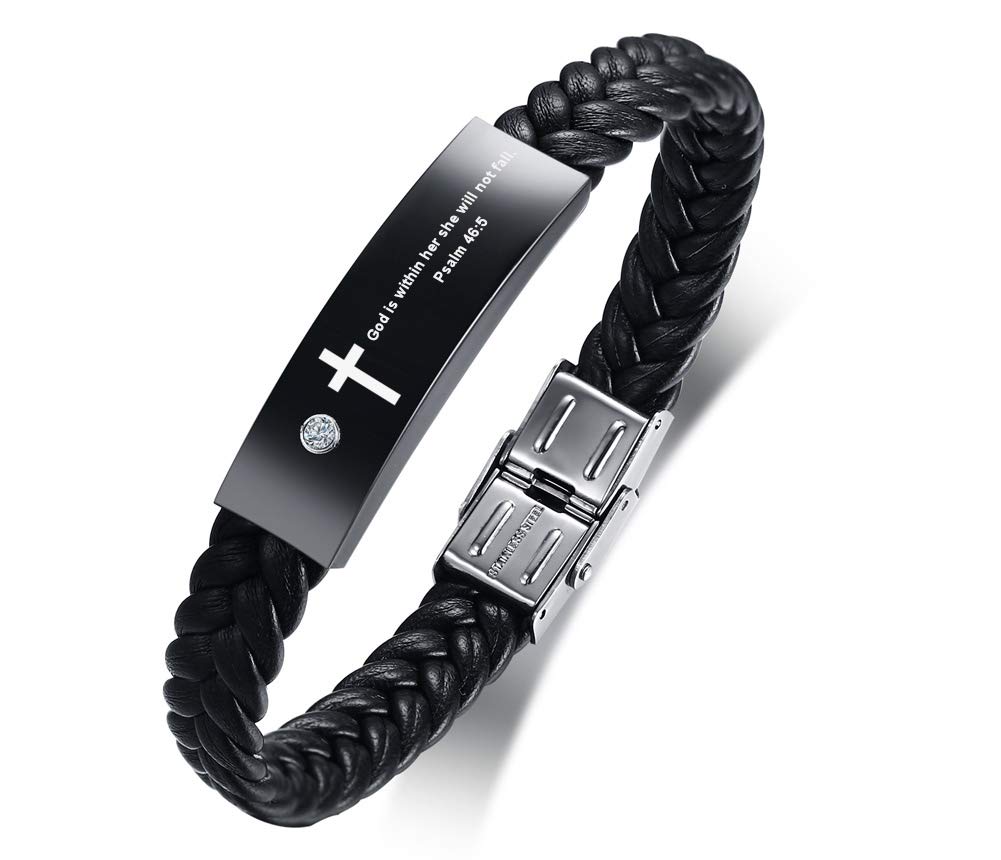 Buy Black Braided Leather Bracelets Engraved with Inspiring Bible Verse
