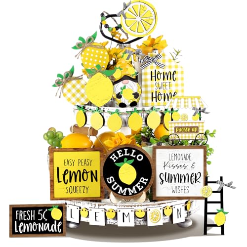 Bucherry 19 Pcs Summer Lemon Tiered Tray Decor Set Farmhouse Wood Summer Table Decorations Rustic Wooden Table Signs Tiered Tray Decor for Home Kitchen Shelf Tabletop