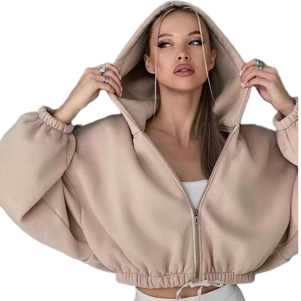 JCVBN Damska luźna wiosenna krótka bluza z kapturem ściągająca talię krótka bluza z kapturem na co dzień zapinana na zamek błyskawiczny kurtka z długim rękawem