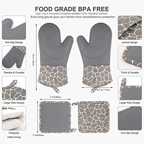 Adioli Oven Mitts Heat Resistant Kitchen Gloves For Baking Bbq Anti-Scalding Grill Oven Mitts Baking Gloves Silicone Heat-Insulation Pad Cooking Tools (Color : Black) #TOP5