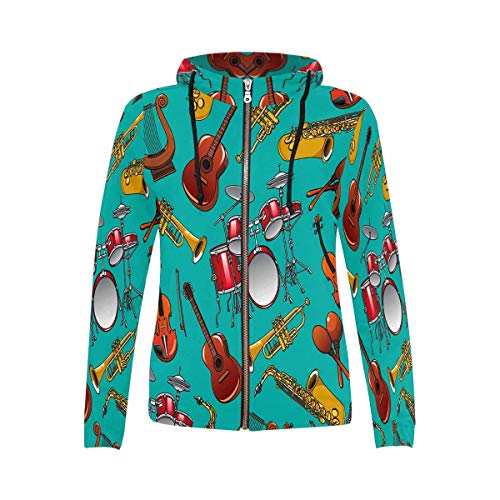 INTERESTPRINT Women\'s Musical Instruments on Turquoise Background with Drum Set, Guitar, Trumpet, Saxophone, Violin, Lyre Zipper Hoodies Sweatshirt XXL