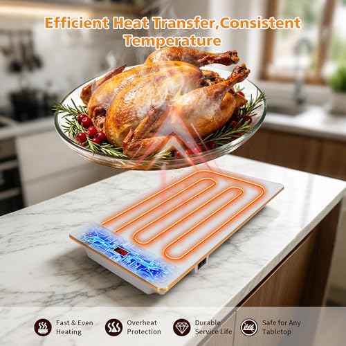 Image of Electric Food Warming Tray, 4-in-1 Buffet Food Warmer with 8 Temperature Settings & Timer, 33 inch x 15 inch Tempered Glass Warming Mat for Parties, Modular Hot Plate for Catering & Events (White)