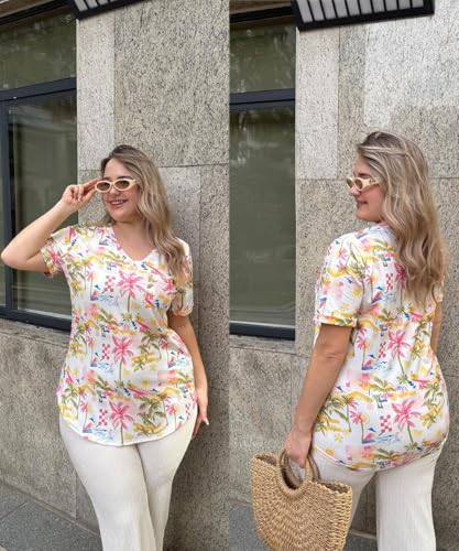 Image of TIYOMI Plus Size Tops for Women V Neck Tshirts Basic Tunic Casual Hawaii Floral Tie Dye Camo Summer Short Sleeve Tee XL-5XL