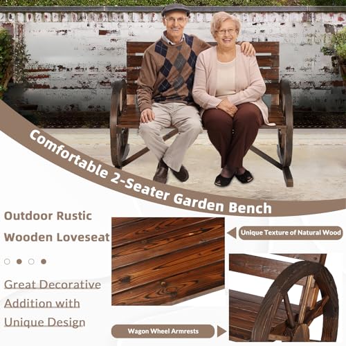 Image of Wooden Wagon Wheel Bench, 2-Person Solid Wood Garden Bench, Rustic Wooden Seat Wagon Wheel Bench Patio Loveseat W /Slatted Backrest, Outdoor Garden Bench for Lawn Yard Porch Park
