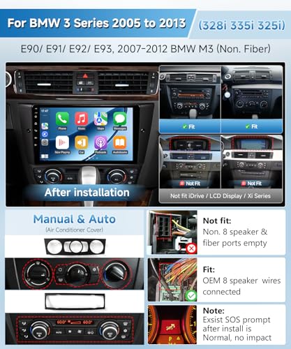 Image of Stereo for BMW 325i 328i 335i E90 E91 E92 E93 2005-2011 Radio with Wireless CarPlay & Android Auto, 9 inch IPS Touch Screen for 328i Car Navigation GPS BT WiFi FM DSP RDS AUX SWC Carmera, No Fiber
