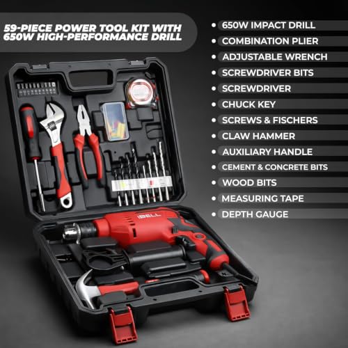 Image of iBELL Professional Tool Kit with Impact Drill TD13-85, 650W, Copper Armature, Chuck 13mm, 59 Home Essential Tools /Accessories with RED /BLACK BMC box.