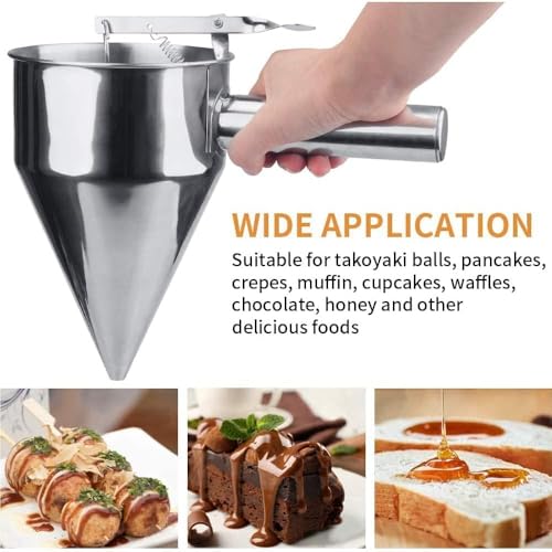 Image of Stainless Steel Pancake Batter Dispenser, Funnel Dispenser with Stand for Takoyaki and Baking and Chocolate Balls and Baked Goods (600 ml) (Silver) (1 pcs)