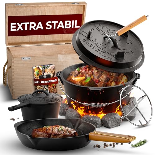 GUSSKÖNIG Dutch Oven Set 8-teilig - bereits eingebranntes Gusseisen Topf Set - Bratpfanne, Grill Topf, Deckelheber, Untersetzer & Echtleder Griffschutz - inkl. Dutch Oven Rezeptbuch