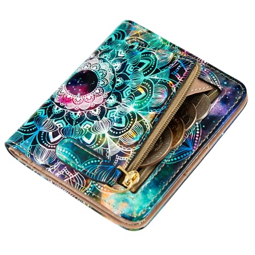Wallet Women Small Cute,Slim Bifold Credit Card Holder, Compact RFID Blocking Cash Wallet,Billfolds Thin Leather Zipper Pocket,Mini Wallet for Ladies Teen Girls Travel (Mandala in the Galaxy) 5