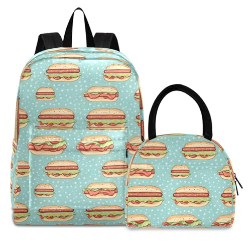 Hamburger Anime Print Backpack Set with Lunch Bag, Large Capacity Travel Backpacks and Lunch Box Insulated for Commute Hiking Picnic