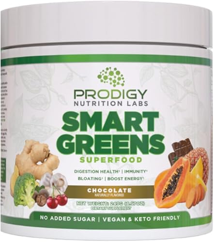 Prodigy Smart Greens - Mezcla de batidos y bebidas en polvo Super Greens - Probióticos para la salud digestiva y alivio de la hinchazón, proteínas,