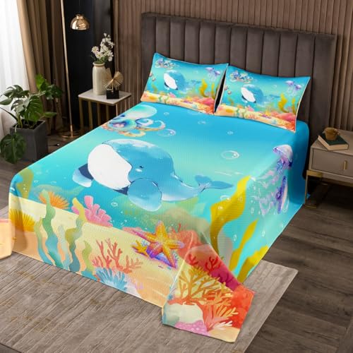 Erosebridal Marine Animal Quilt Set Twin Size for Kids Boys Girls,Whale Jellyfish Octopus Coverlet Set,Underwater World Bedspread Set,Cute Sealife Bed Cover