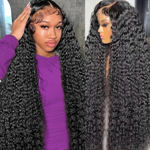 Image of LAINSS Deep Wave Lace Front Wigs Human Hair 13x6 HD Transparent 34Inch Deep Curly Lace Frontal Wigs Human Hair 210% Density Glueless Wigs Human Hair Natural Color