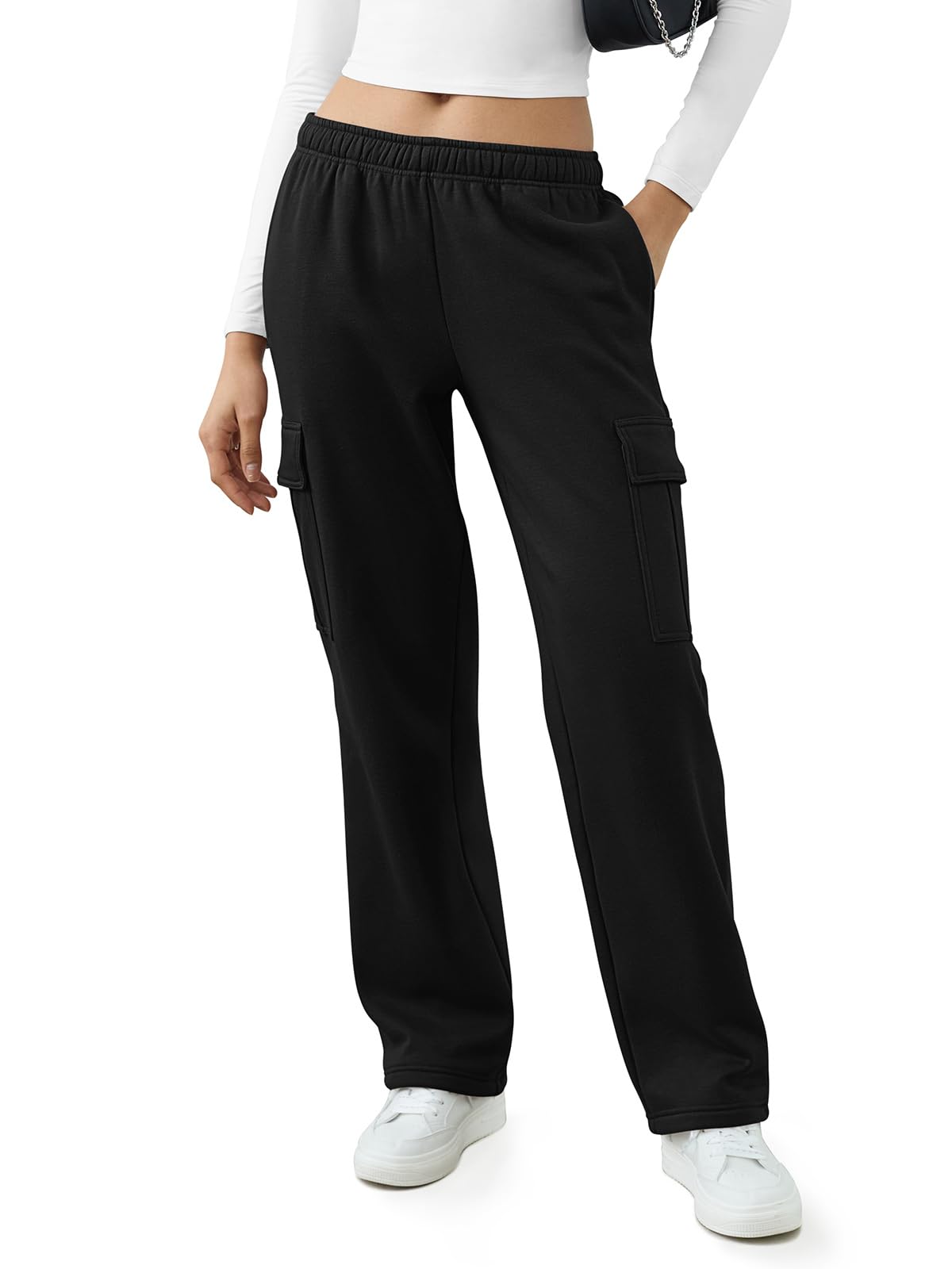 REORIA Women's Fashion Fleece Lined Baggy Wide Leg Cargo Sweatpants Joggers with Pockets