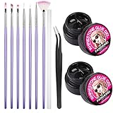 Leim Gel für Strasssteine, FANDAMEI 7 Stücke Nail Art Pinsel Lila, 2 Dosen Klebergel für Strasssteine, Dekorationen, Punktierstift, Pinzette, für Nagelkunst Maniküre Nail Art