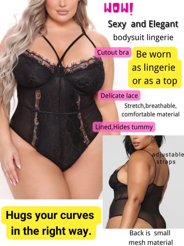 Kaei&Shi 227 Plus Size Lingerie For Women,Sheer Lace Sexy V Neck Bodysuit,Eyelash One Piece Floral Teddy Boudoir Black 6X-Large thumb #2