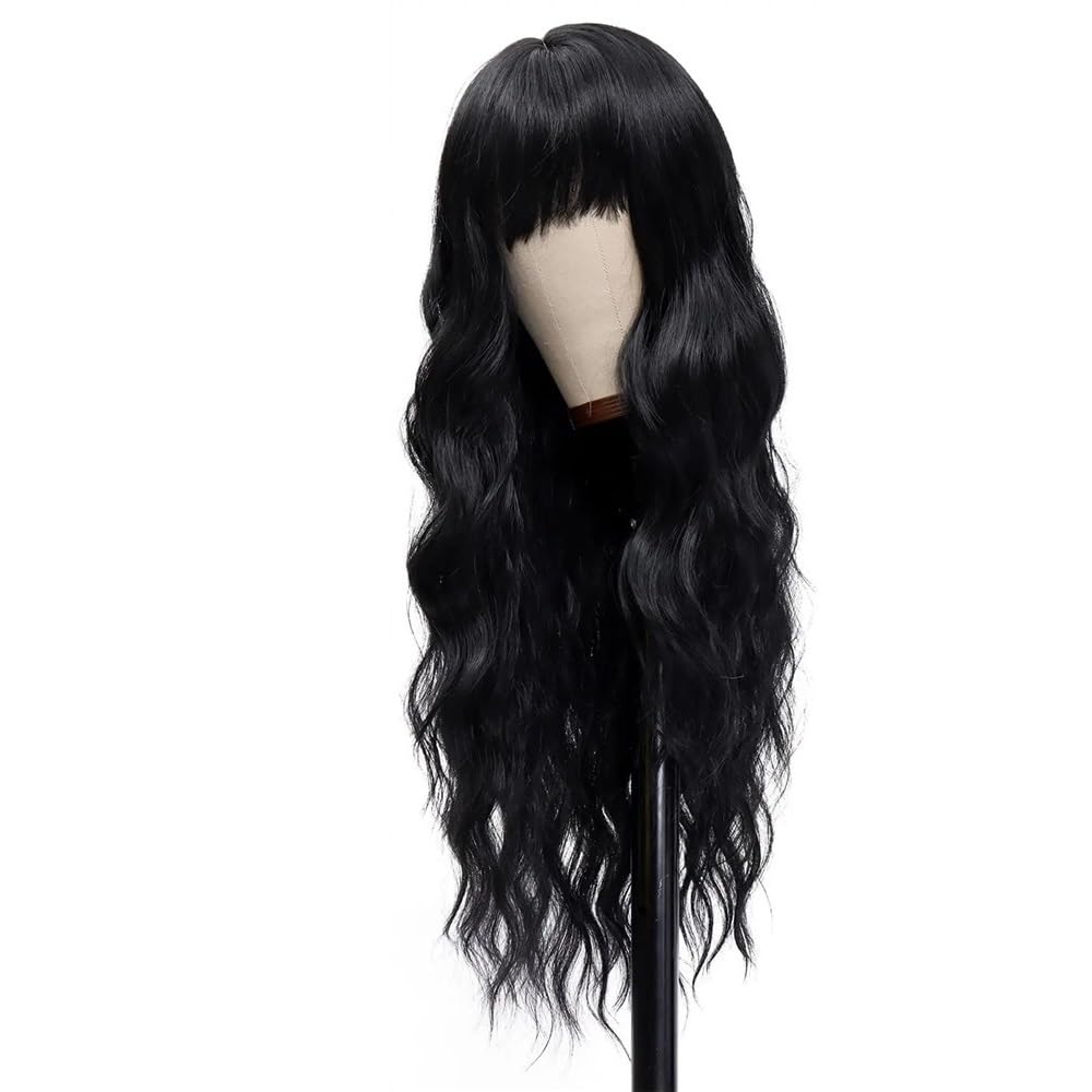 xiuling4568 Wig with Bangs for Women，Long Wavy Natural Looking Synthetic Hair Wigs for Daily Party Costume, 26 inch Hairs Extensions(Black)