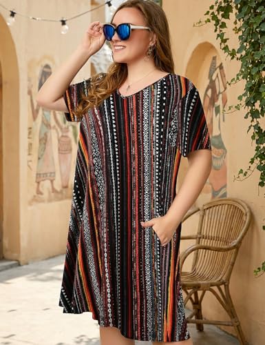 Image of OVERWORETY Womens Short Sleeve Plus Size T-Shirt Dress V Neck Casual Loose Swing A-Line Summer Tunic Dresses with Pockets