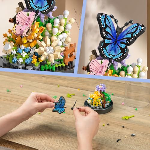 Image of QLT QIAOLETONG Flower Bouquet Building Kit for Adults, 530 PCS Animals Flowers Botanical Collection Mini Building Blocks Set, Valentine's Day for Her Mom Women Wife Girlfriend (Butterfly)