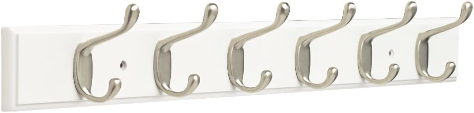 Franklin Brass Heavy Duty 1-Pack 27 Coat/Hat Rack Wall Mount Pure White 6 Hooks Mounted Hanging Rail for Clothes, Towels, Purses, Bags, Kitchen, Entry, Closet Organizer FBHDCH6-WSE-R