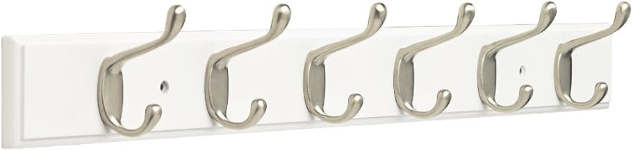 Franklin Brass FBHDCH6-WSE-R, 27 pulgadas Hook Rail/Rack, con 6 Heavy Duty Coat and Hat Hooks, en blanco & Satin Nickel, Color blanco y níquel satinado., 27" Hook Rail/Rack