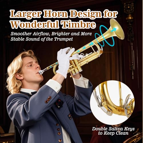 image for ESUITCARK Bb Trumpet Stainless Valve - Gold Lacquer Bb Trumpet Kit for