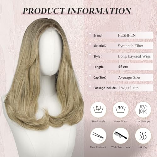 Image of FESHFEN Lace Front Hairline Wigs with Bangs, Synthetic Natural Looking Long Layered Straight Hair Wig for Women Daily Party Costume, 18 inch Ombre Mixed Blonde