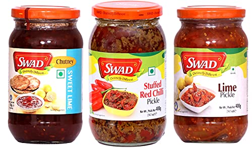 Image of SWAD Distinctly Different and Delicious Pack of Sweet Lime Chutney - 500g| Stuffed Red Chilli Pickle 400g| Lime Pickle Nimbu Achar - 400g Pack of 3