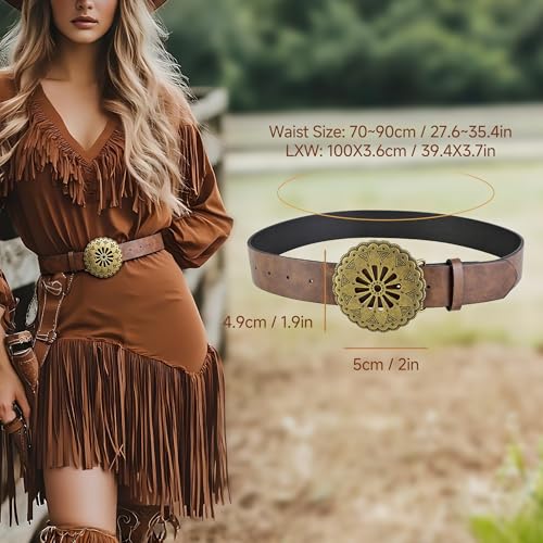 Ayliss Women Wide Disc Belt Vintage PU Leather Wide Waistband Dics Belt Vintage Buckle Retro Cowgirl Metal Buckle Belt2