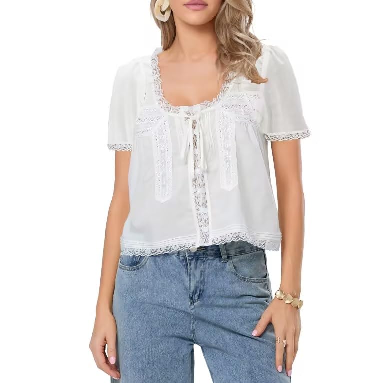 Women Lace Button up Shirt Short Sleeve Semi Sheer Ruffle Blouse Y2k Going Out Tops Coquette Flowy Clothes4