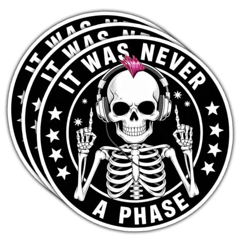 (3 Pcs) It was Never A Phase Sticker – Funny Skeleton Music Quote Vinyl Decal Waterproof for Car, Laptop, Water Bottle, Hard Hat, Kindle – Gift for Emo, Goth, and Music Lovers – 3 Inch