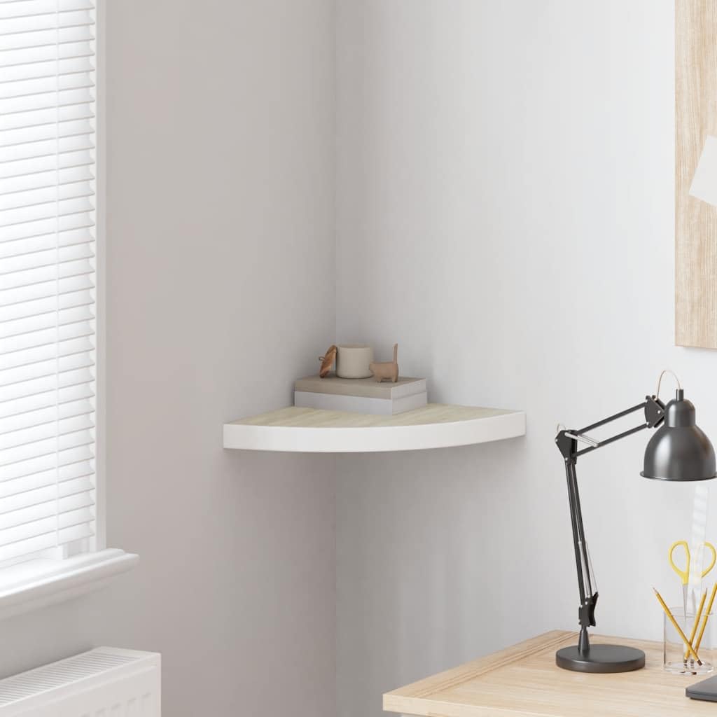 Étagère murale d'angle en MDF chêne et blanc 35x35 cm avec sa fixation invisible