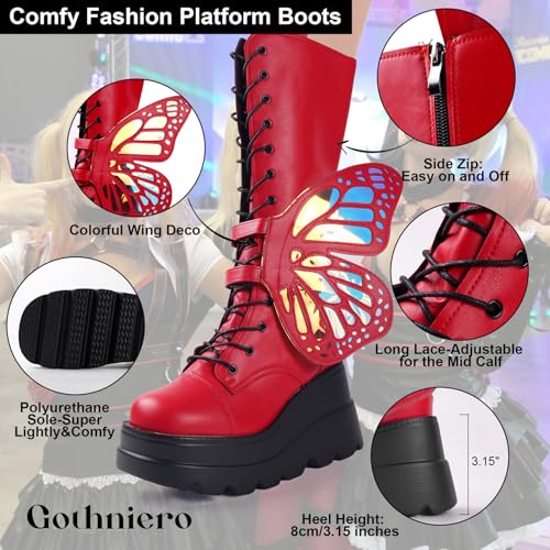 Image of Gothniero High Platform Knee Boots Chunky Heel Wedge Black Boots For Women Combat Goth Punk Motorcycle Booties Zip up With Metal Buckles Size5-11